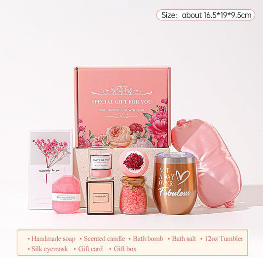 Spa Gift Set for Women, Pink Theme, Includes Blanket, Tumbler, Candle, Bath Salts, Soap, Eye Mask, Socks, Greeting Card, Birthday Gift Box (Lychee powder)