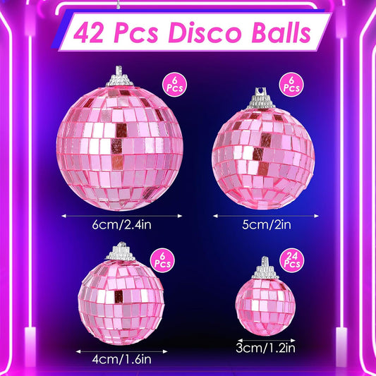 42 Pack Pink Mini Disco Ball Decor - Hanging Mirror Ball Ornaments Different Sizes - Disco Balls Decorations Bulk for Party Christmas Tree Cake Room Birthday (1.2 Inch, 1.6 Inch, 2 Inch, 2.4 Inch)