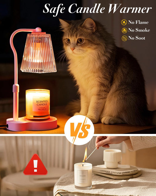 Candle Warmer Lamp with Timer & Dimmable Settings, Adjustable Height Flameless Scented Wax Melter for Jar Candles, Elegant Home Decor Warmer Lamp with 2 Bulbs, Gift for Women Mom Friend Family, Pink