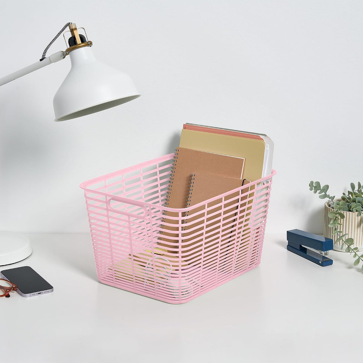 Set of 4 Large 18.8L Aria Decorative Plastic Organization and Storage Baskets - Perfect Bins for Home Office, Closet Shelves, Kitchen Pantry and All Bedroom Essentials, Pink