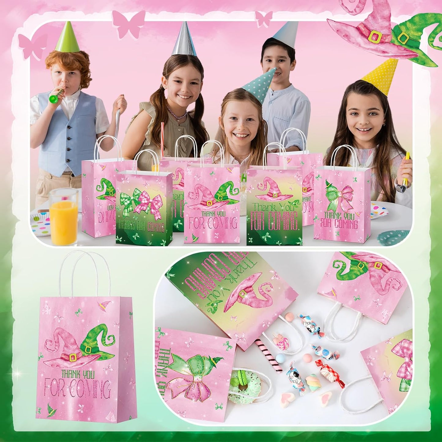 24 Pcs Witch Party Favor Bags Pink and Green Paper Goodie Treat Gift Bags with Handle Thank You for Coming Witch Hat Bow Gifts Packing for Woman Princess Birthday Holiday Party Supplies
