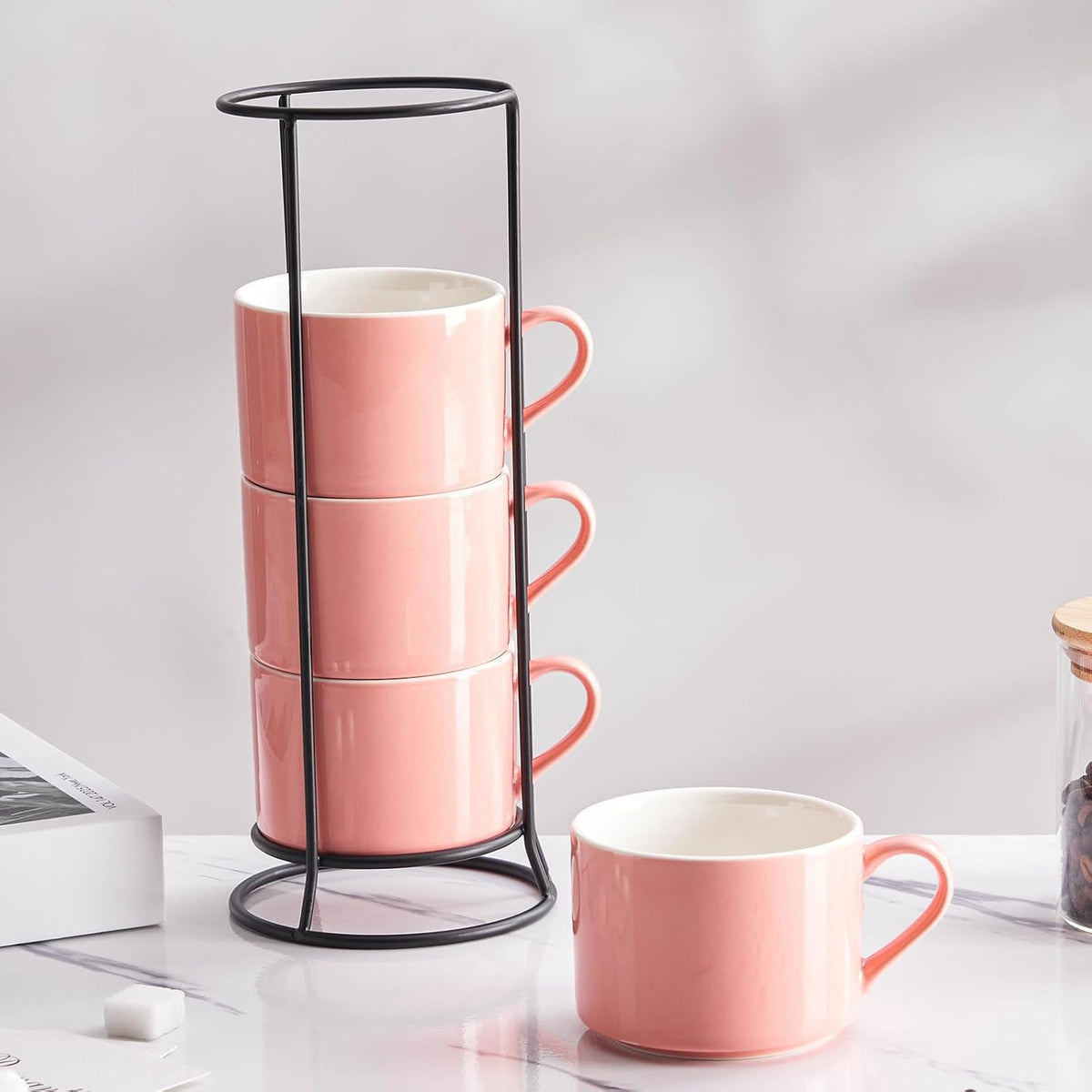 10 OZ Stackable Coffee Mugs with Metal Stand Set of 4