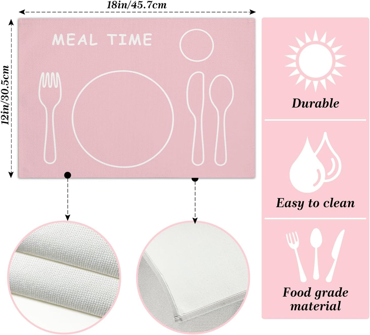 Placemats Set of 4 for Boys and Girls, Heat Resistant Placemats Wrinkle Free Place Mats for Dining Table, Cotton Linen Table Mats for Indoor & Outdoor, 12x18 inch (Meal Time - Pink)