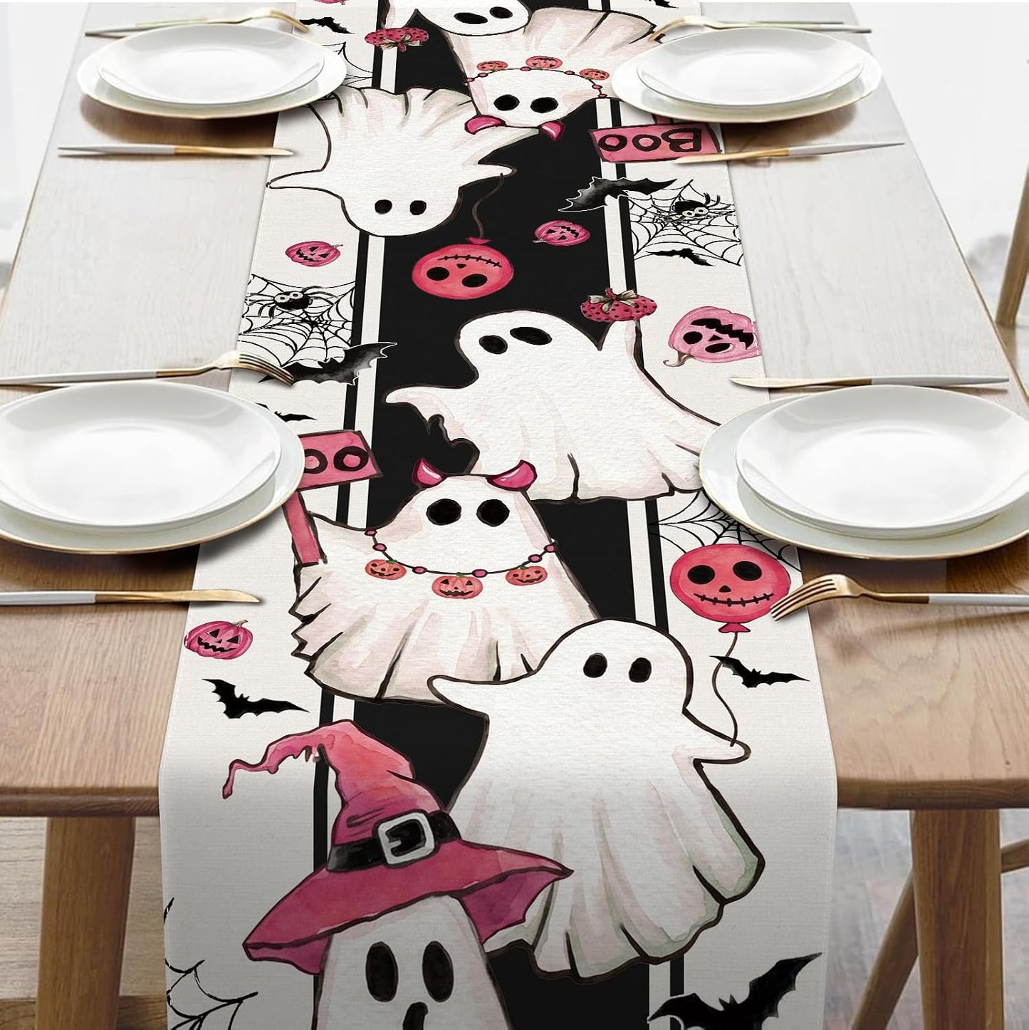 Halloween Spooky Cute Ghost Table Runner, Pink Pumpkin Boo,72x13 inch