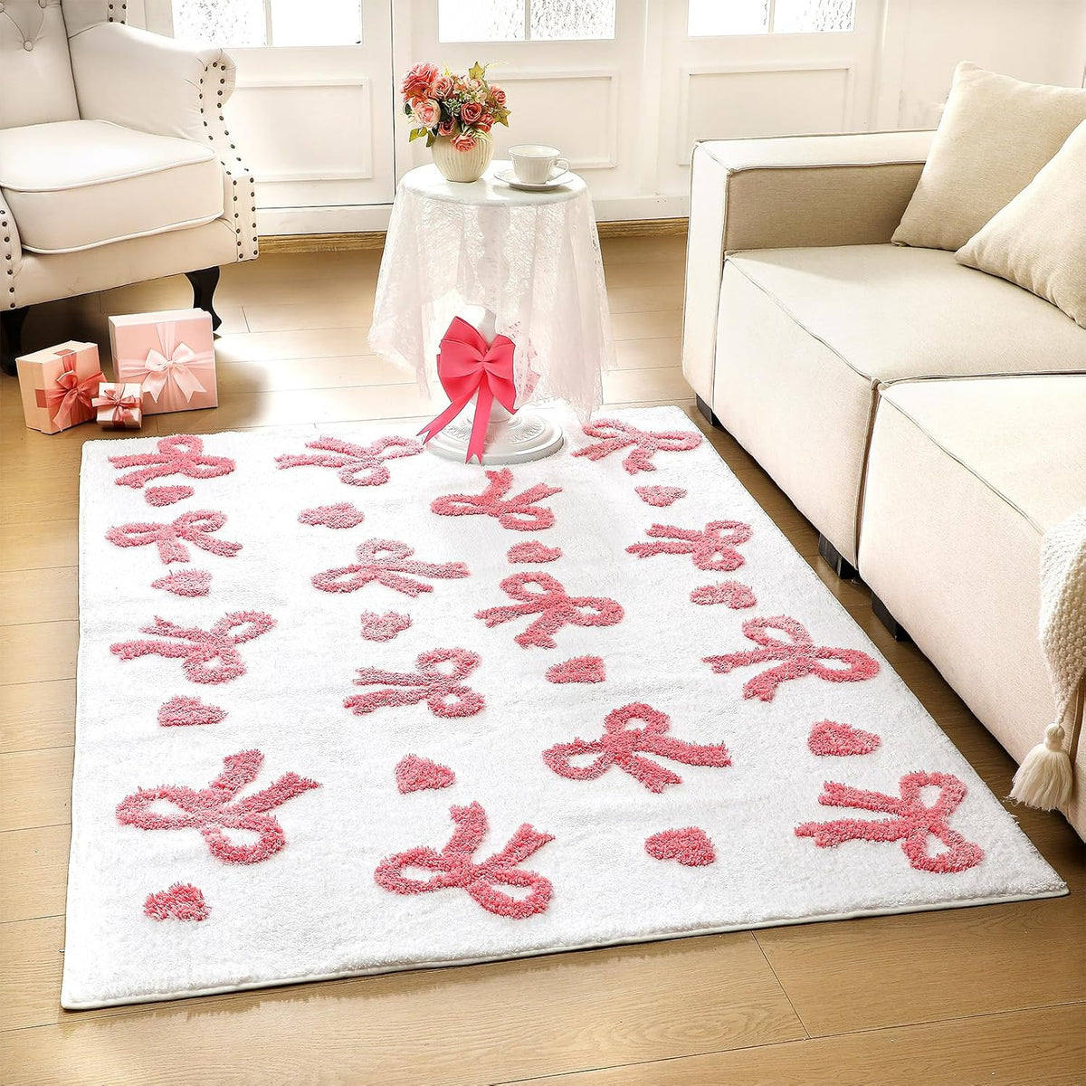 3D Bow Area Rug 4x6 ft Pink Heart Non-Slip Washable for Bedroom