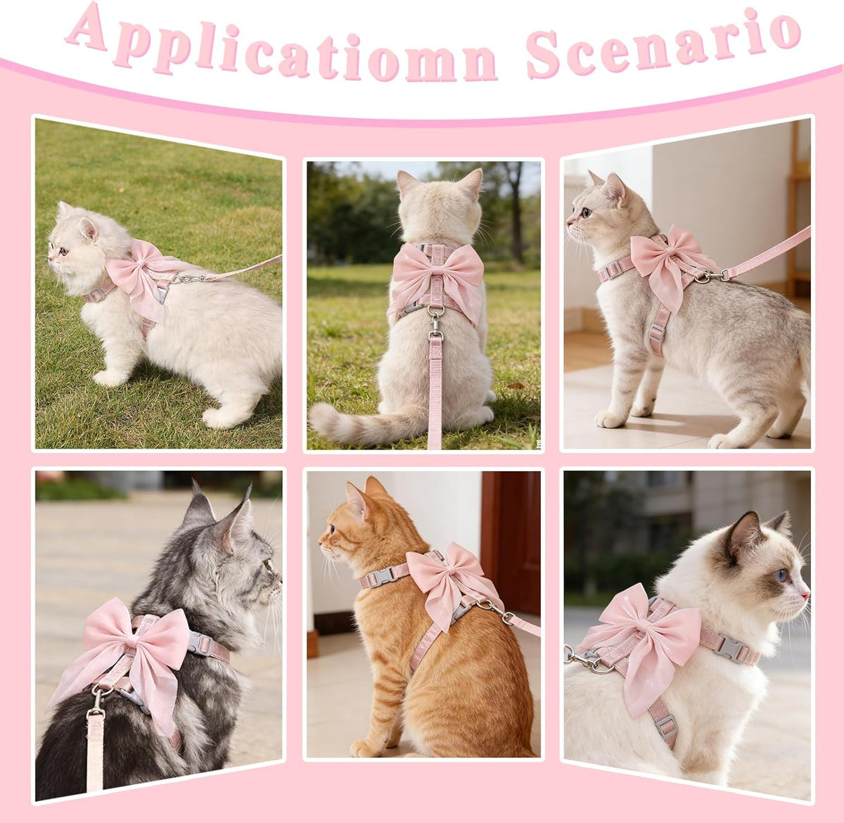 Pink Bow Cat Harness and Leash Set, Escape Proof, S