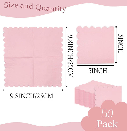 HEIPINIUYE 50 Pieces 3-ply Light Pink Napkin Disposable Scalloped Cocktail Napkins Beverage Napkins Dessert Napkins Paper Napkins for Wedding Birthday Party Paper Dinner Napkins