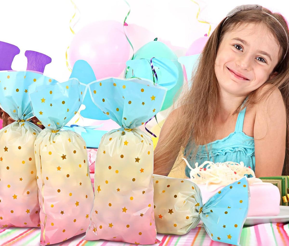 100 Pcs Pastel Cellophane Bags Rainbow Party Favors Bag Star Dot Treat Goodie Candy Plastic Gift Pink Blue Tie Dye Wrapping Clear Cello for Baby Shower Birthday Decoration Supplies