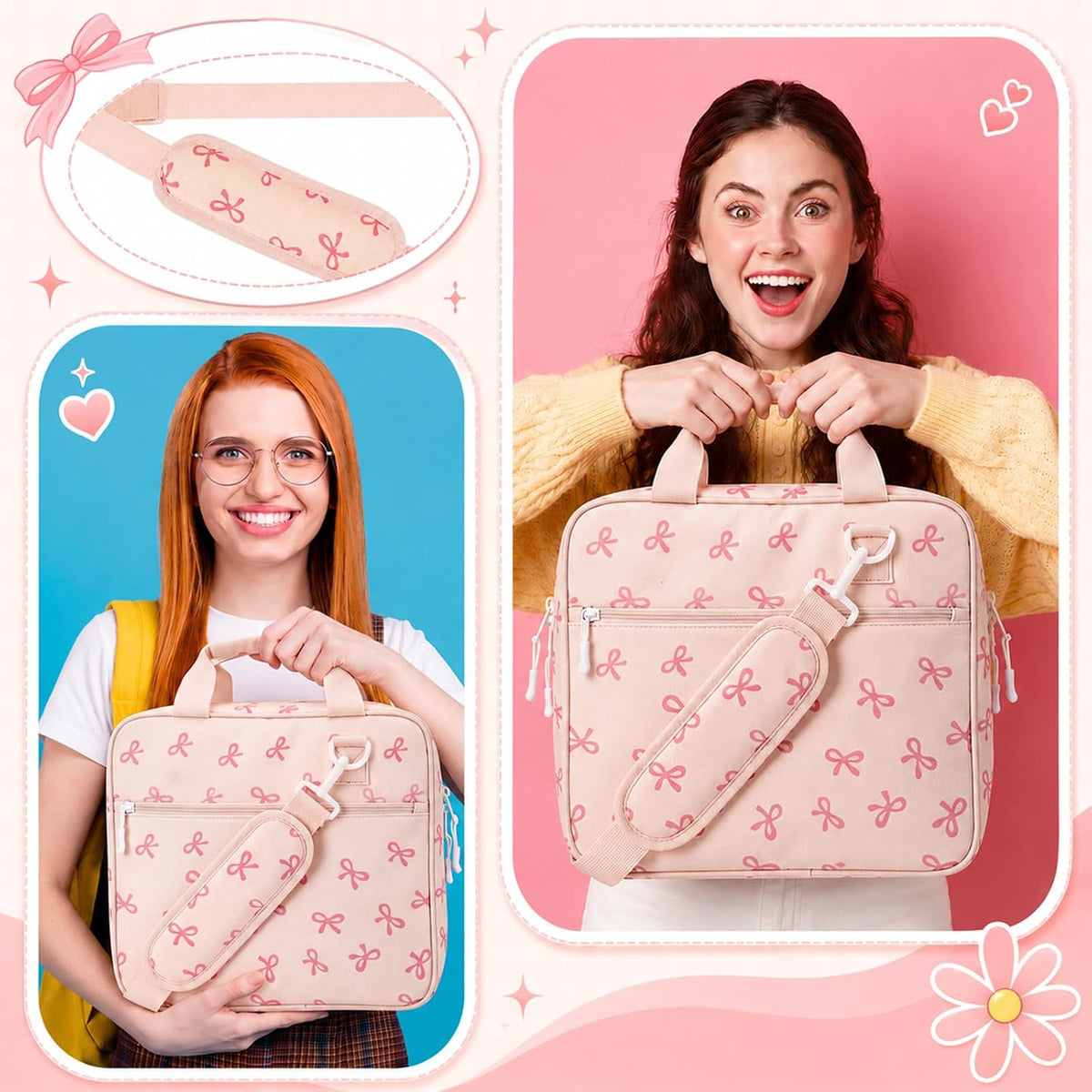 Zipper Binder Folder Keeper with Strap 2", 3 Ring, Pink, Bow