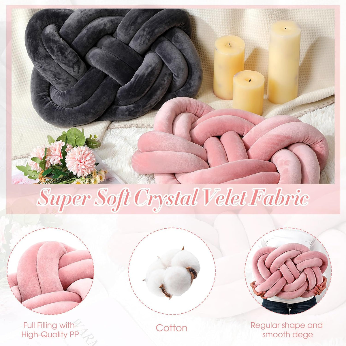 2 Pcs Velvet Knot Pillow Ball Soft Throw Pillow, Pink and Gray