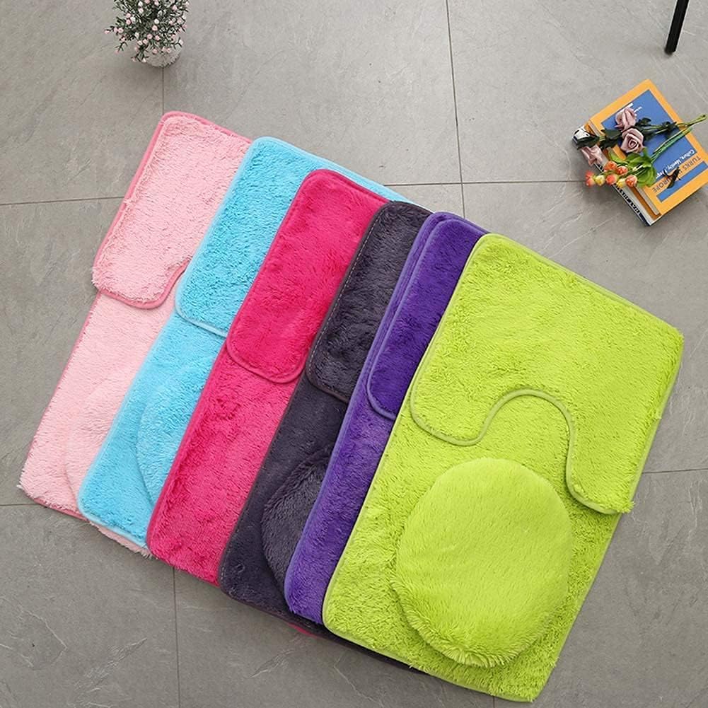 Bathroom Rug Set of 3 Bath Mats Bath Set Bathroom Rugs Soft Anti Slip Soft Mats U-Shaped Contour Toilet Rug Bathmat and Toilet Lid Cover Deep Pink