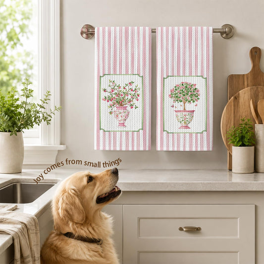 Pink Chinoiserie Floral Kitchen Towels, Grandmillennial Flower Dish Tea Towels, Cottagecore Botanical Striped Decorative Hand Towel for Kitchen Bathroom, 16x24 Inch Set of 2