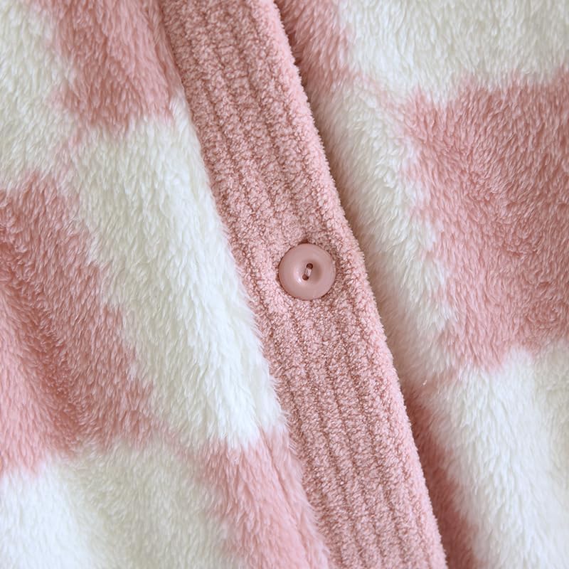 Womens Long Fleece Robe Checkered Bathrobe with Pockets Soft Sleepwear Fluffy Plush Bathrobe