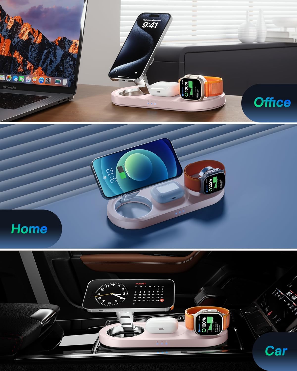 Foldable 3 in 1 Wireless Charging Station for Apple Mag-Safe Charger Stand