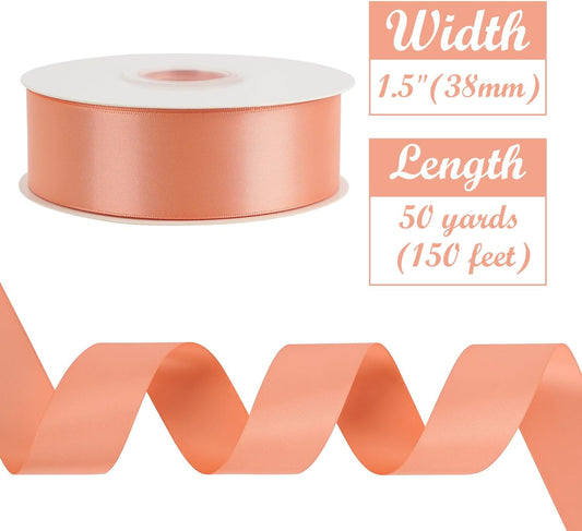 Peach Satin Ribbon 1-1/2 inch x 50 Yards Peach Color Double-Faced Satin Ribbon for Gift Wrapping, Bows, Flower Bouquet, Eternal Roses, Crafts, Bridal Shower Wedding Decor
