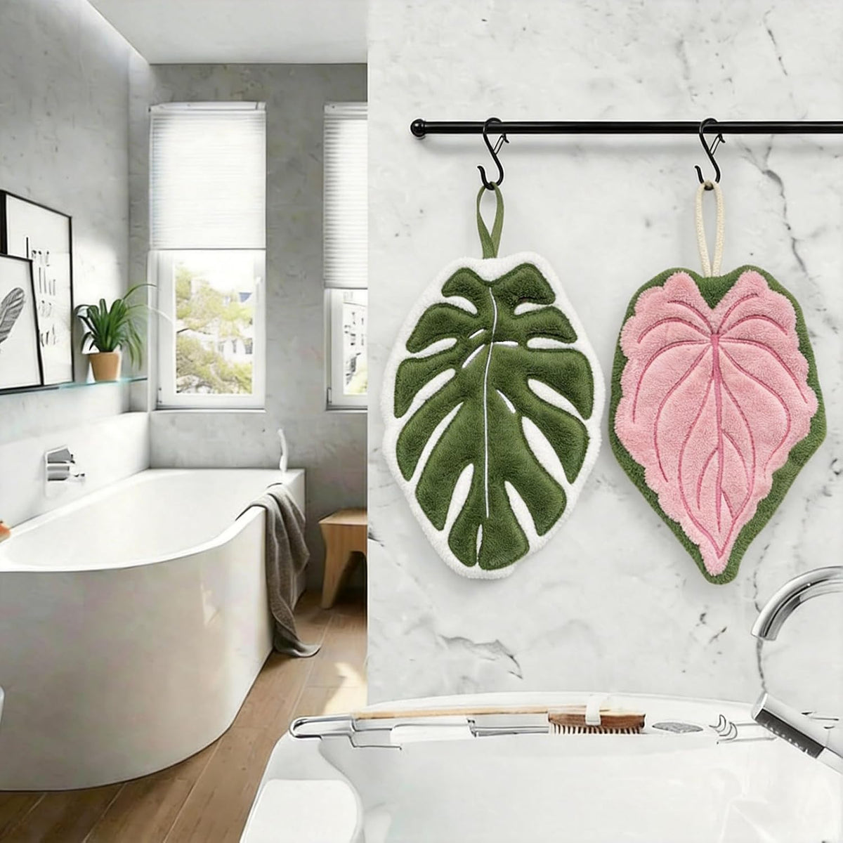 Leaf Hand Towel with Hanging Loop, 2 Pack Pink Absorbent Kitchen Towel