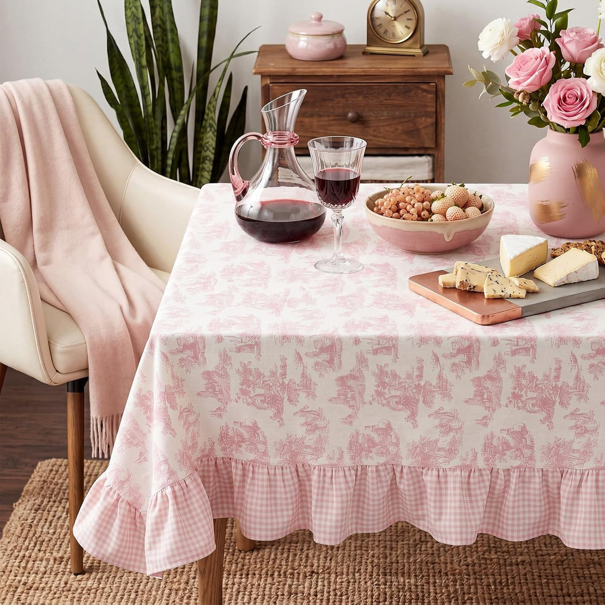 Pink Vintage French Country Tablecloth, 60 x 120'' Ruffled Table Cloth