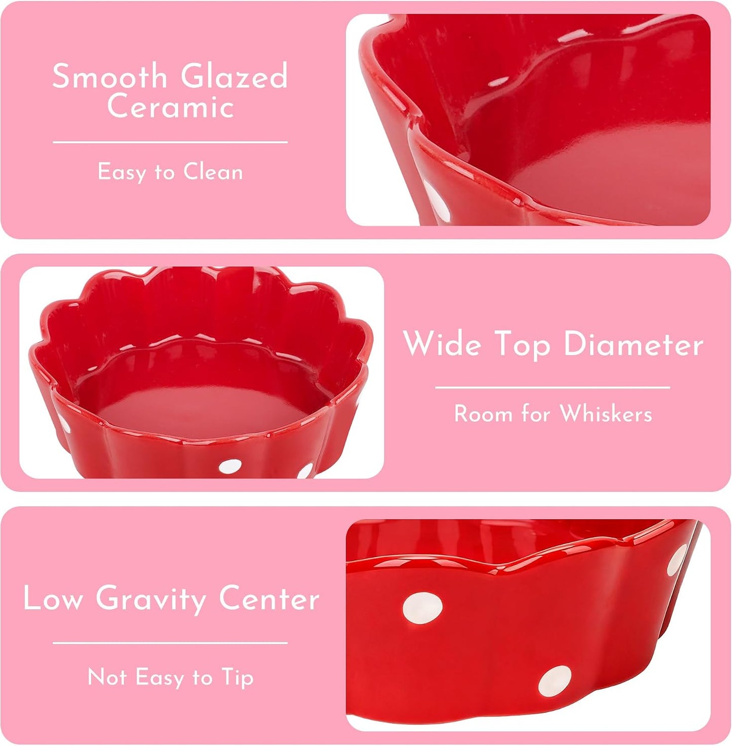 Ceramic Cat Bowl, Scalloped Edge with White Polka Dots – Pet Feeding Dish with Anti-Slip Base for Cats and Small Dogs, Red