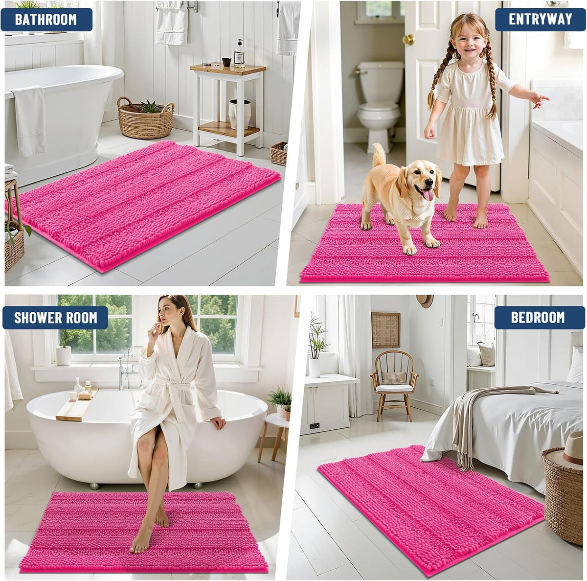 Grandaily Chenille Striped Bathroom Rugs 24x16, Extra Thick and Absorbent Bath Mats, Non-Slip Soft Plush Shaggy Shower Carpet, Machine Wash Dry, Bath Rug for Bathroom, (Small, Deep Pink)