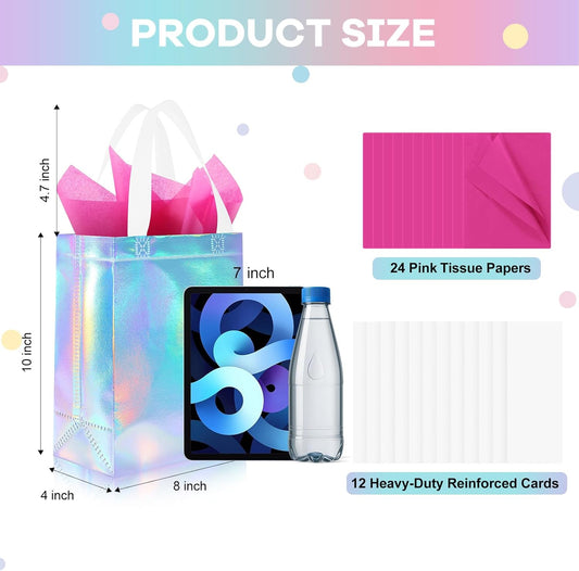 12 Pack Reusable Gift Bags with Handles & 24 Tissue Papers, 10x4x8 Inch Iridescent Gift Bags with Cardboard Bases for Shopping, Parties, Birthdays, Weddings, Holiday (Pink Gift Bag)