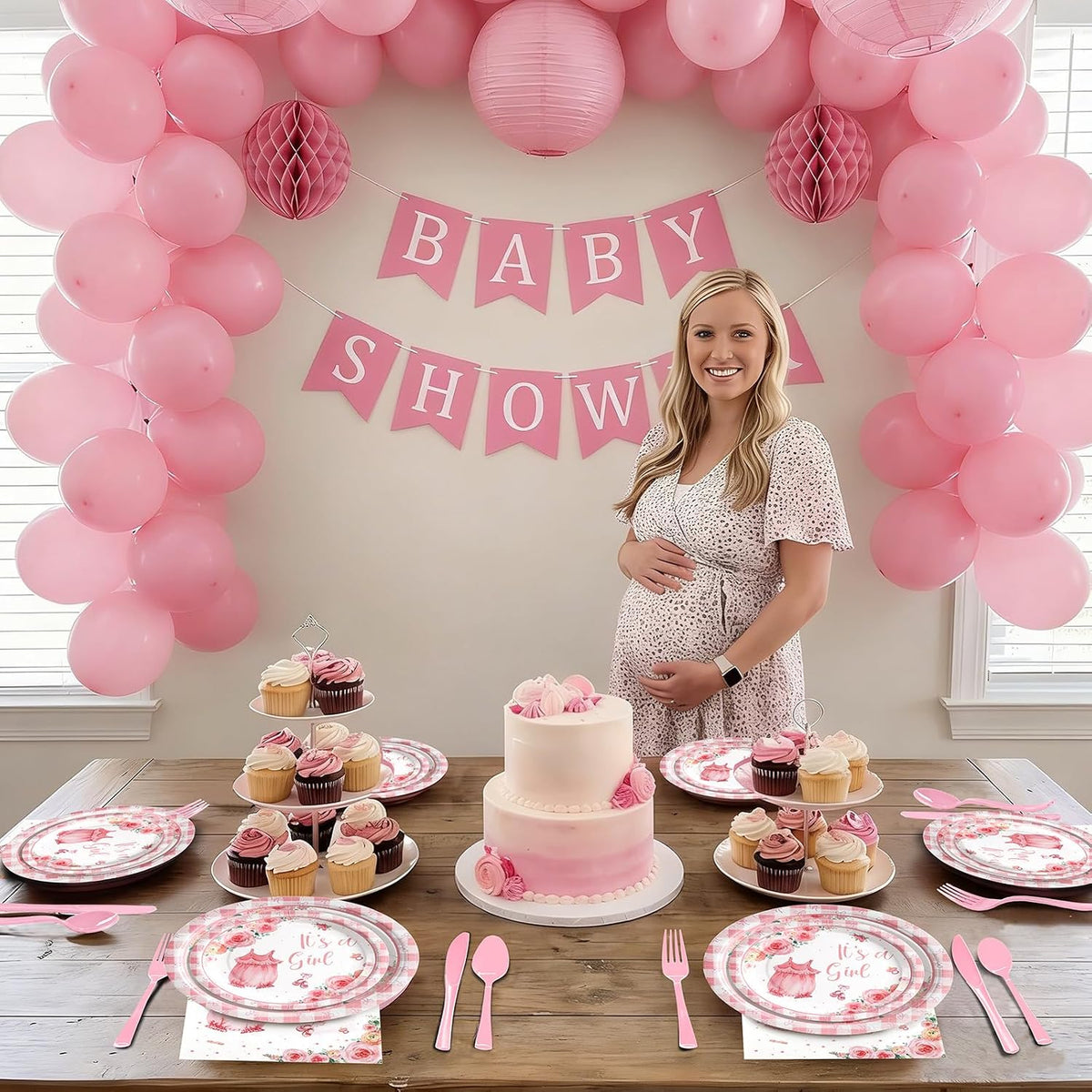 168Pcs Baby Shower Decorations for Girl, Pink Floral Baby Shower Party Tableware Serves 24,A Sweet Little Girl is on The Way Plates Sets for Gender Reveal Birthday Party Decorations