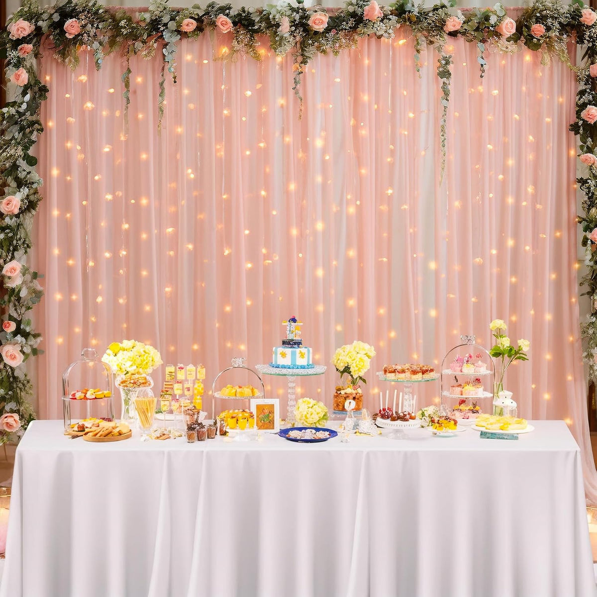 10×8ft Peach Tulle Curtain Backdrop with Lights String for Parites, Sheer Backdrop Curtain Drapes for Wedding Photo Baby Shower Photography Birthday Party