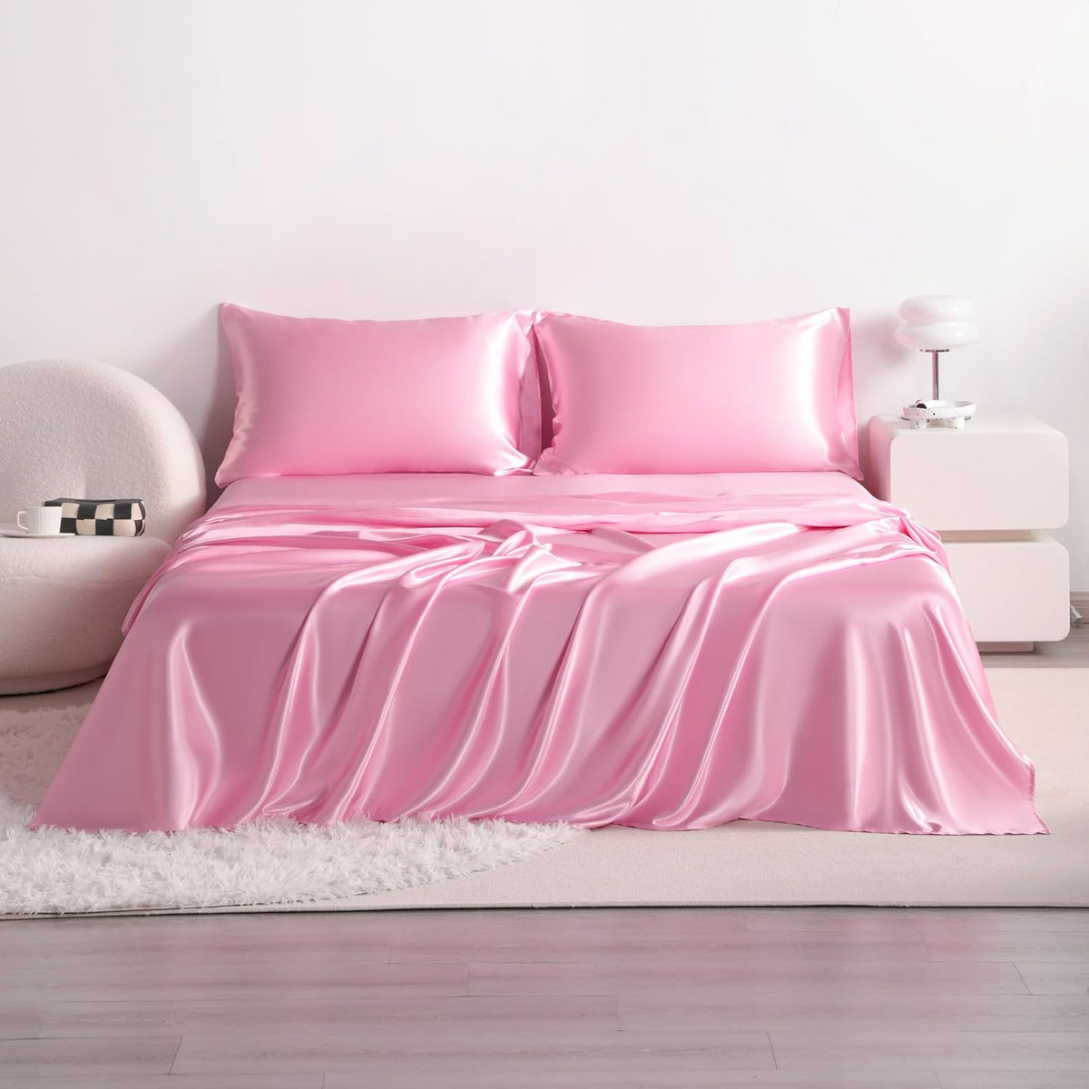 Queen Pink Satin Sheet Set - Luxury Soft Silky Bed Sheets Set for Hair and Skin, 4 Pieces Bed Set with 15" Deep Pocket Fitted Sheet, Flat Sheet & 2 Pillowcase, Non-Fading Wrinkle Resistant