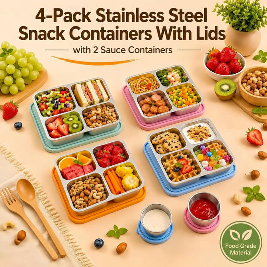 4-Pack Stainless Steel Snack Containers,Reusable lunchable Container,Snack Pack Containers,Bento Box for Kids, Comes with 2 Sauce Cups with Lids