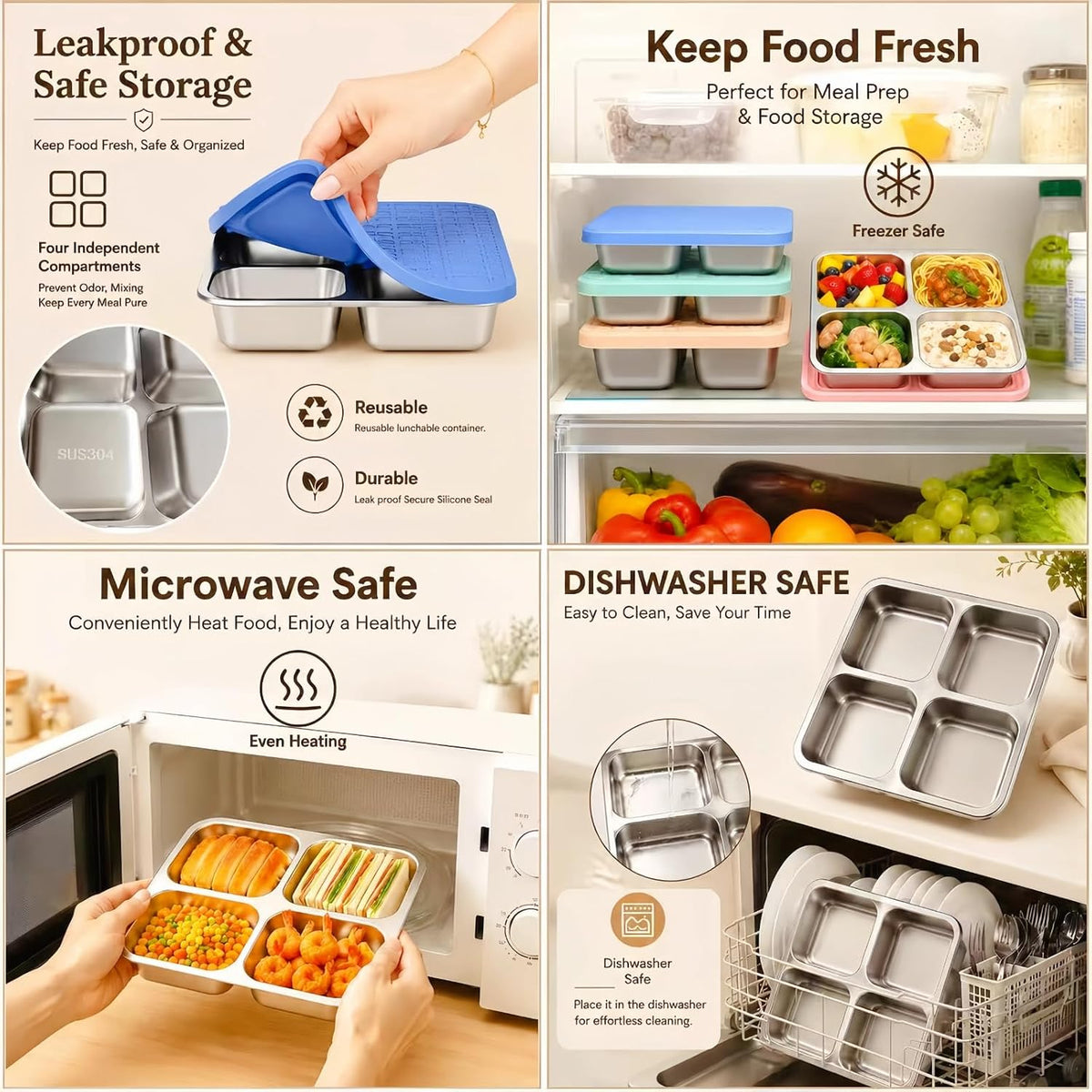 4-Pack Stainless Steel Snack Containers,Reusable lunchable Container,Snack Pack Containers,Bento Box for Kids, Comes with 2 Sauce Cups with Lids