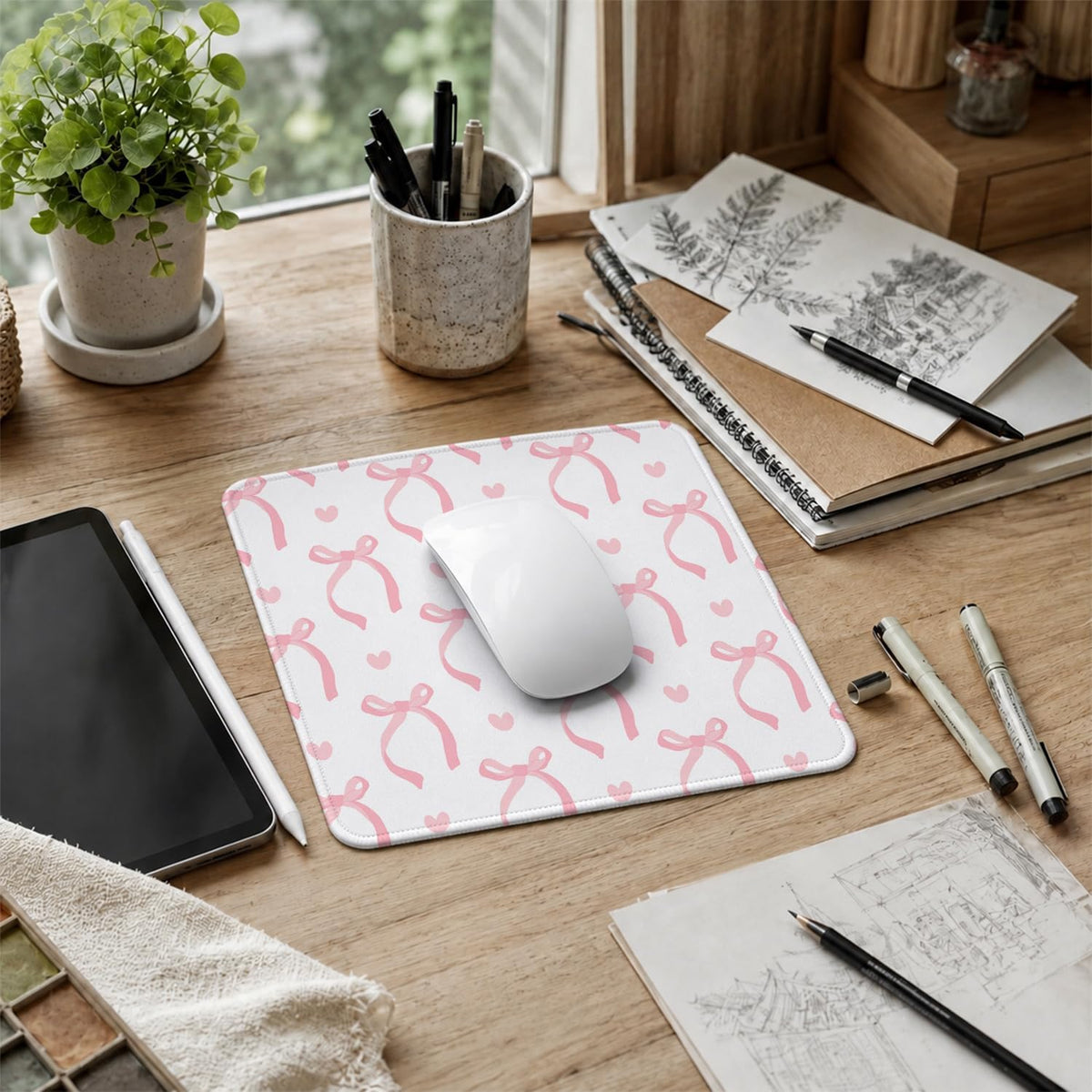 Cute Light Pink Bow Girly Aesthetic Office Mouse Pad, 9.5x7.9 inch