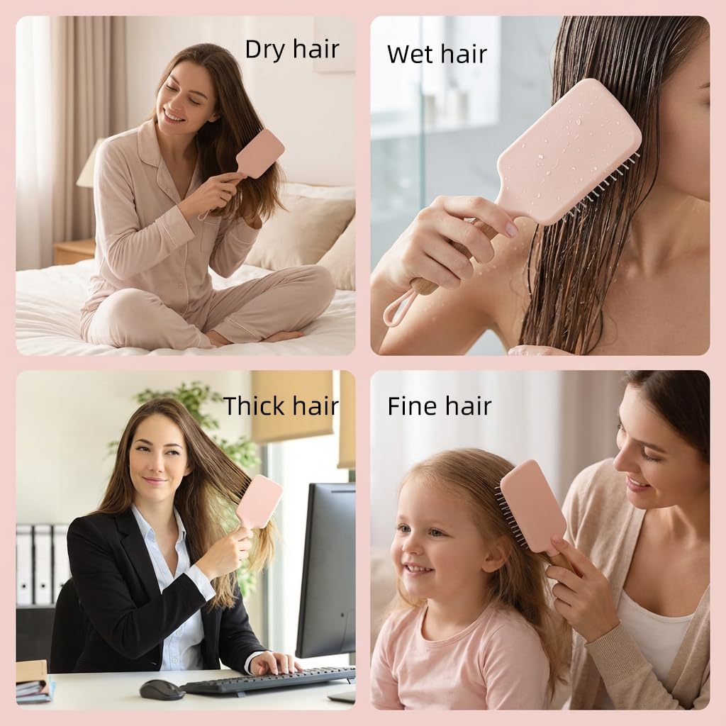 Paddle Detangling Hair Brushes for Women, Detangler Brush for Thick, Curly, Long, Wet & Dry Hair, Hairbrush with Solid Wood Handle & Cushion Base (Pink)