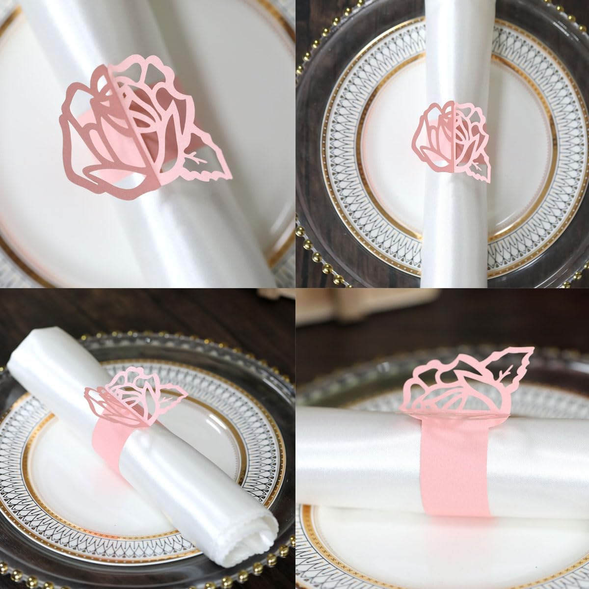 Pink Disposable Rose Flower Napkin Rings Laser Cut Foil Paper Napkin Holder for Wedding Party Dinner Table Decor,Special Events and Catering Services, Christmas, Wedding,Party Decoration (60 Pcs)