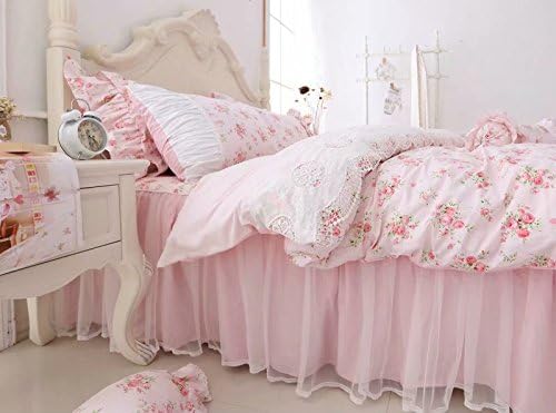 Romantic Roses Print Duvet Cover Set with Bed Skirt Pink Lace Ruffle Floral Shabby Chic Bedding Sets Full 4 Piece