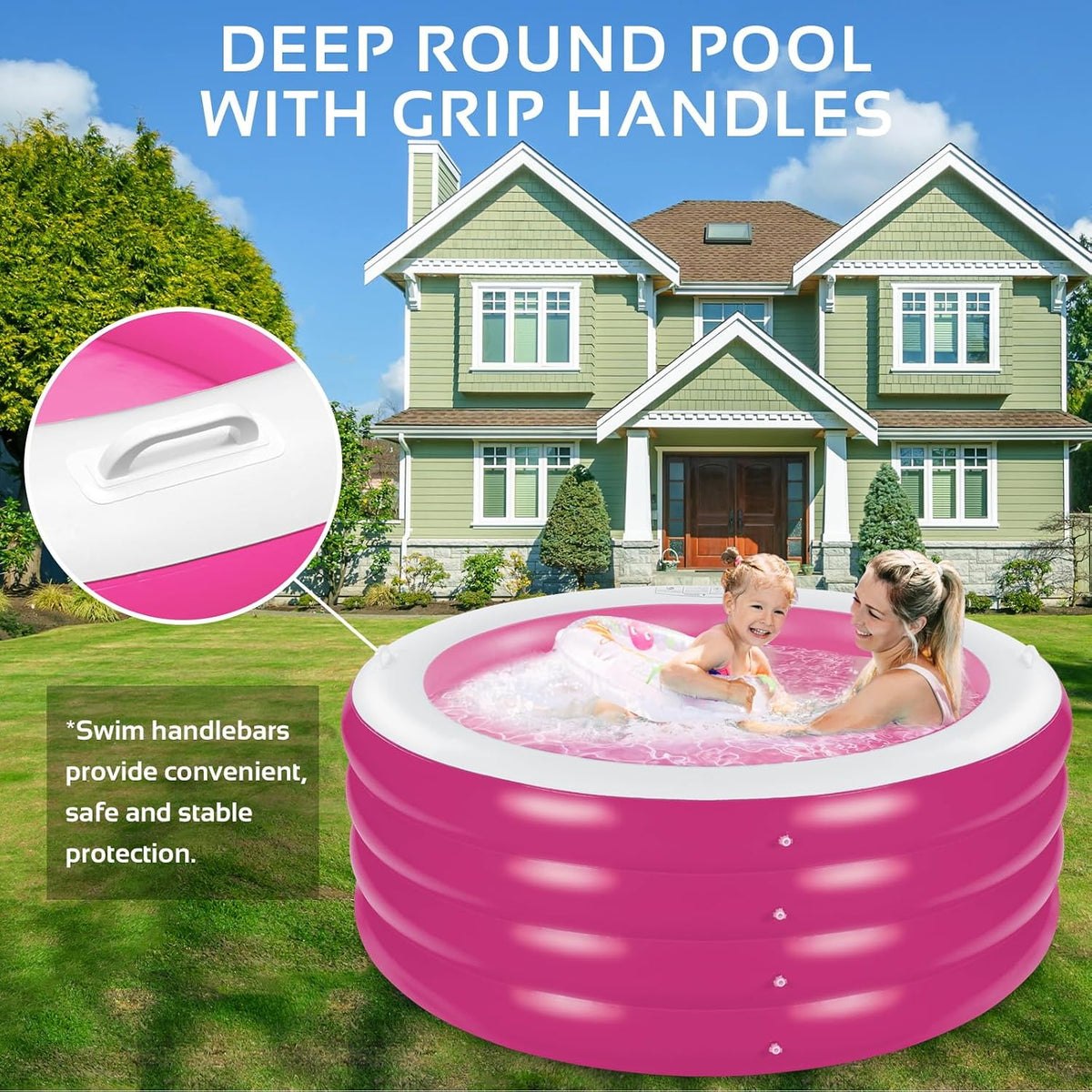 Inflatable Pool, Large Deep Round 70"x30" Family Inflatable Swimming Pool with Handles, Summer Water Party, Outdoor, Garden Backyard, Suitable for Adults (Pink)