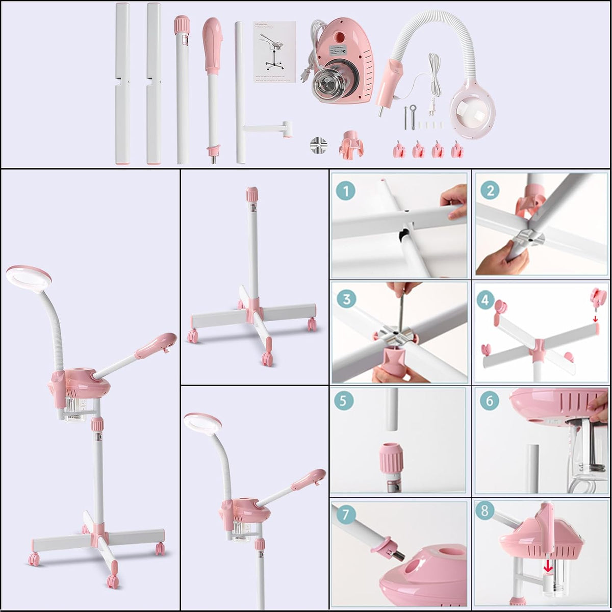 Professional Facial Steamer with 5X Magnifying Lamp,Ozone Face Steamer-Pink