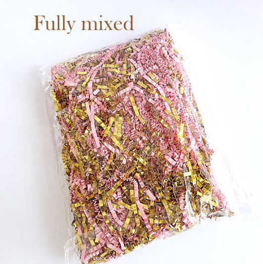 Crinkle Cut Paper Shred Filler Pink & Gold for Gift Wrapping & Basket Filling luxury Gift Box Filler Gift Basket Stuffing Shipping Packaging Craft Party Favor Bags - (4 oz) (Pink & Gold)