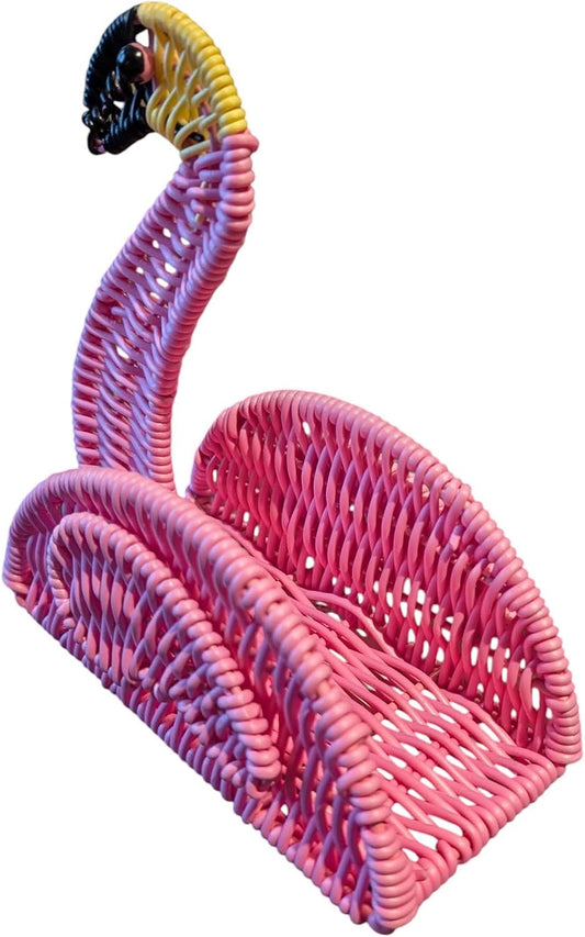 Resin Wicker Flamingo Napkin Holder, Bright Pink, 7 x 7 x 3 Inches, Decorative Table Accessory