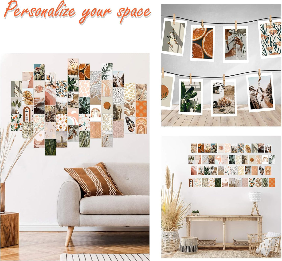 50PCS Boho Aesthetic Pictures Wall Collage Kit, Peach Teal Photo Collection Collage Dorm Decor for Girl Teens and Women, Orange Boho Wall Prints Kit, Small Posters for Room Bedroom Aesthetic