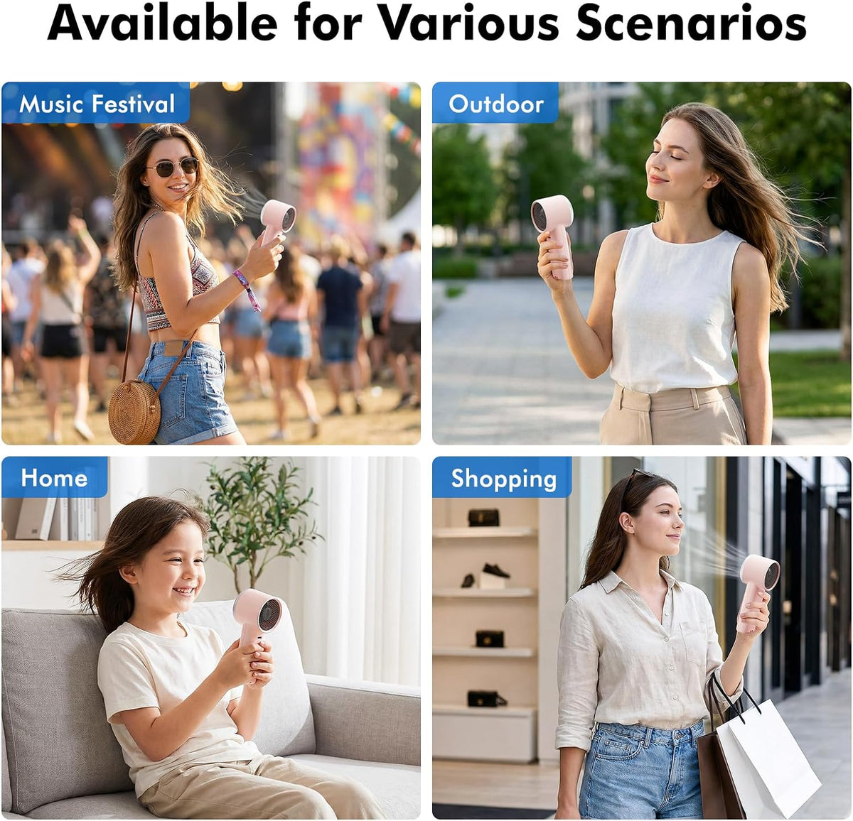 WHATOOK Portable Handheld Turbo Fan, 5 Speeds Mini Personal Fan with 4000mAh Rechargeable Battery, Small Pocket Fan for Travel Essentials, Beach, Office, Gifts for Women Men - Light pink