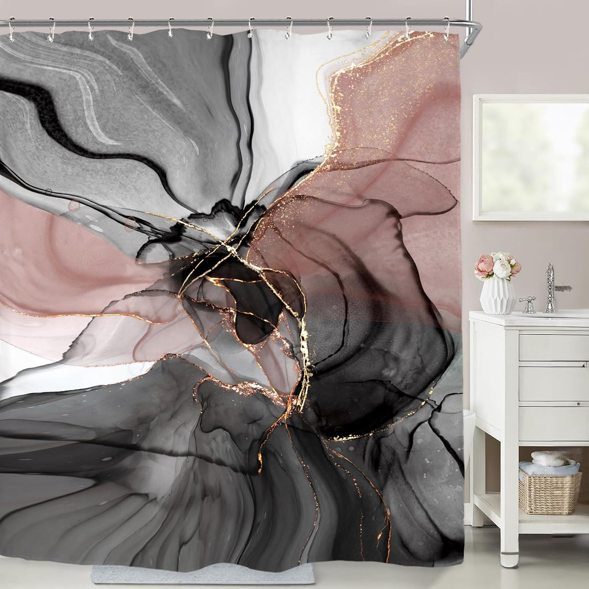 Marble Shower Curtain Set 60Wx71H Inches Black Pink Blush Modern Abstract Ombre Art Contemporary Women Watercolor Polyester Waterproof Bathroom Curtain with 12 Hooks