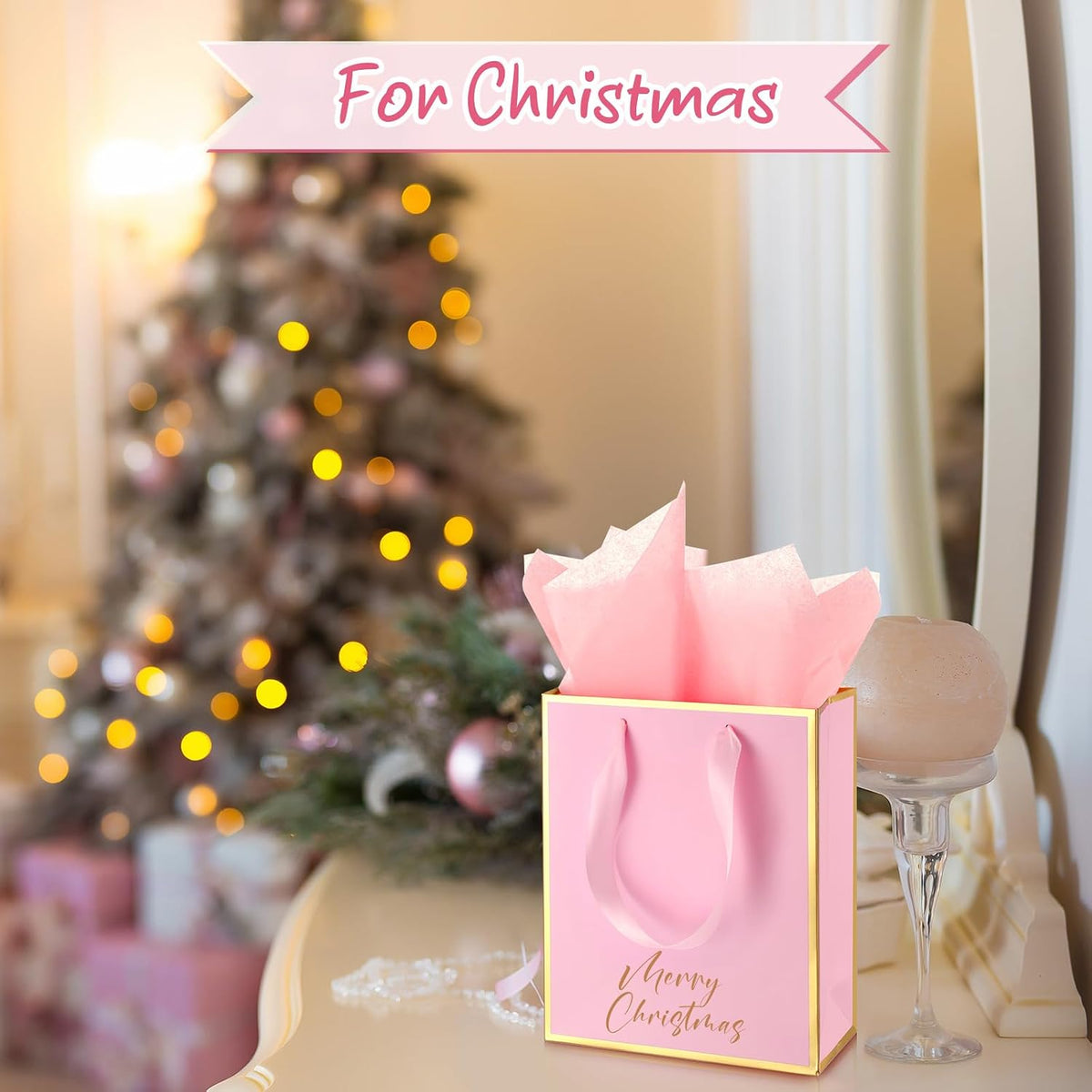 10 Pack Paper Gift Bags with Handle Tissue Paper, Pink, Gold