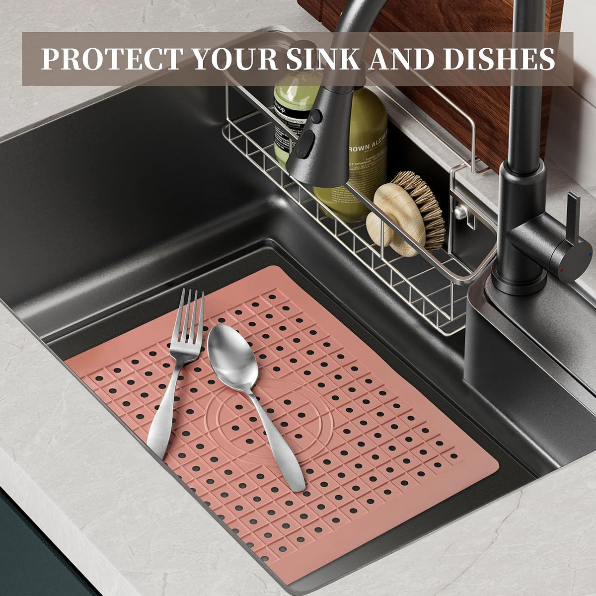 Kitchen Sink Mat, 12" x 10" Rectangular Sink Protector Pad, Fast-Draining Grid Design Liner, Dish Drying Mat , 2 Pack Pink
