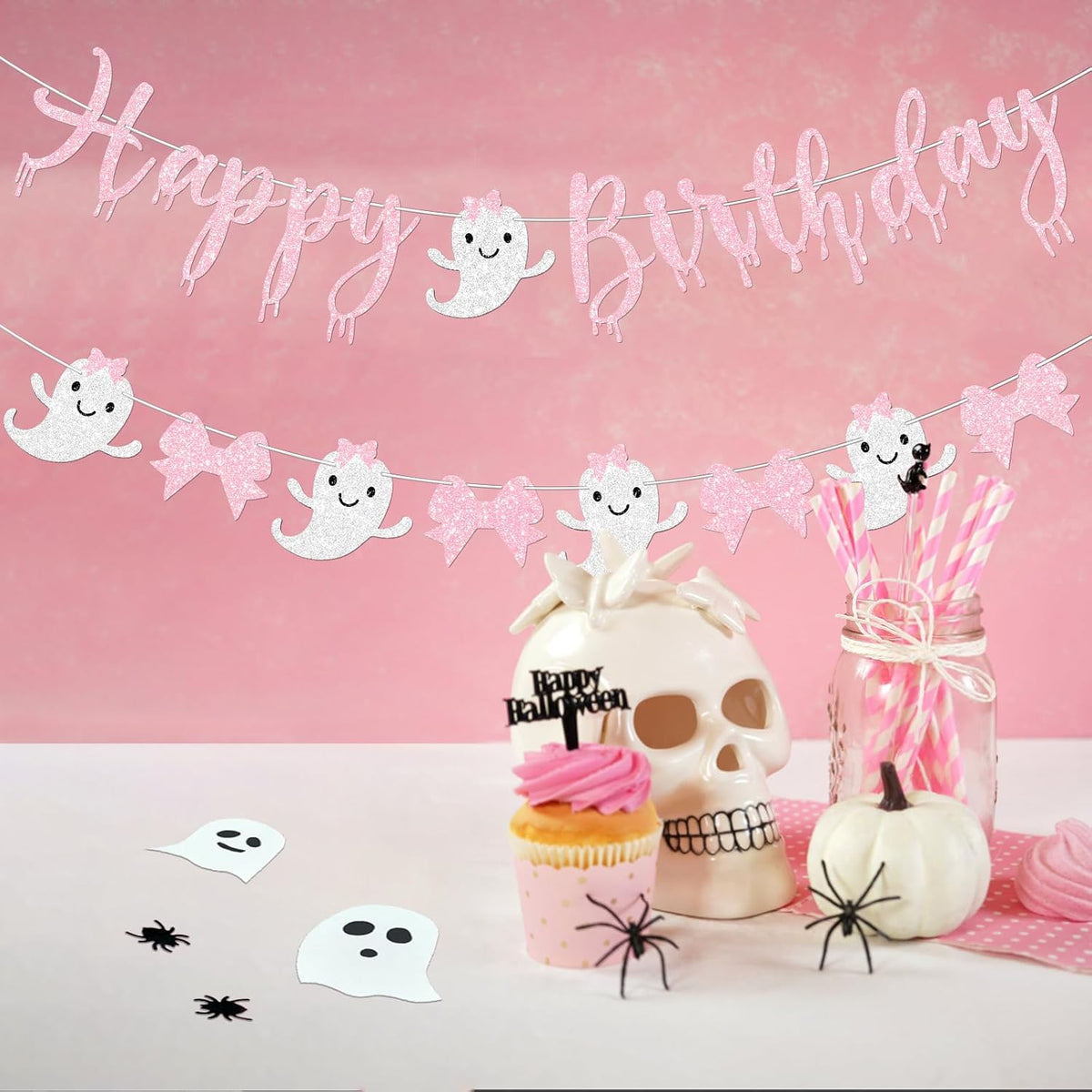 Pink Halloween Birthday Banner for Girl Prestrung Glitter Pink Bow Ghost Garland for Happy Boo Day Halloween Birthday Party Decorations Supplies