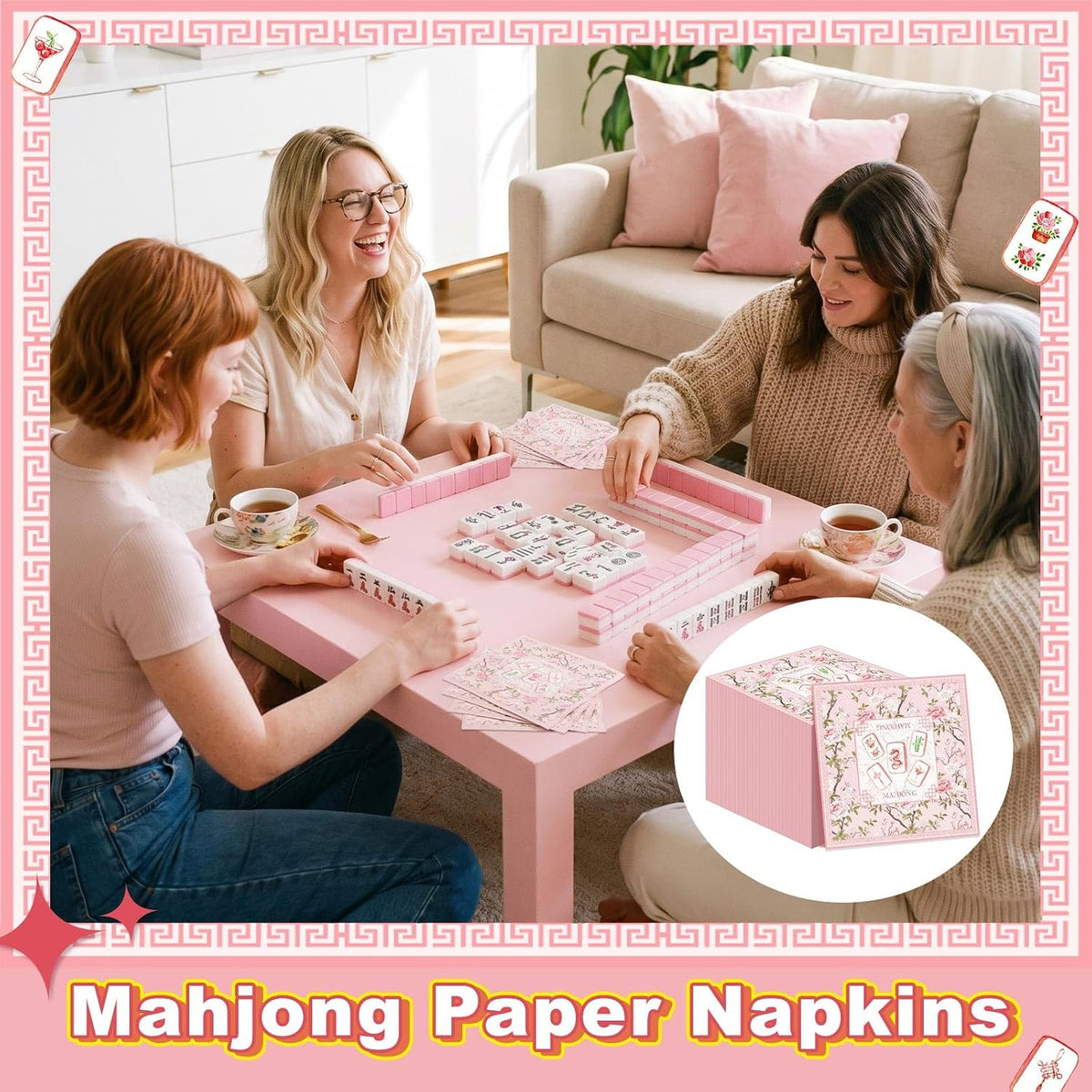 30 Pcs Mahjong Napkins Cocktail Party Supplies, Paper, Pink Flowers