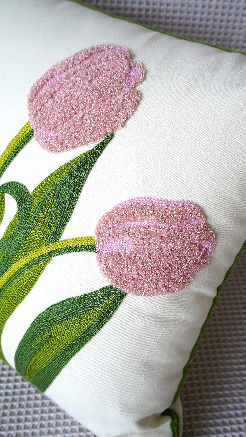 Farmhouse Tulip Cotton Tufted Throw Pillow Cover Spring Floral Embroidery Pillowcase Soft Square Cushion Case for Sofa Couch Bed Chair (Pink,18"x18")