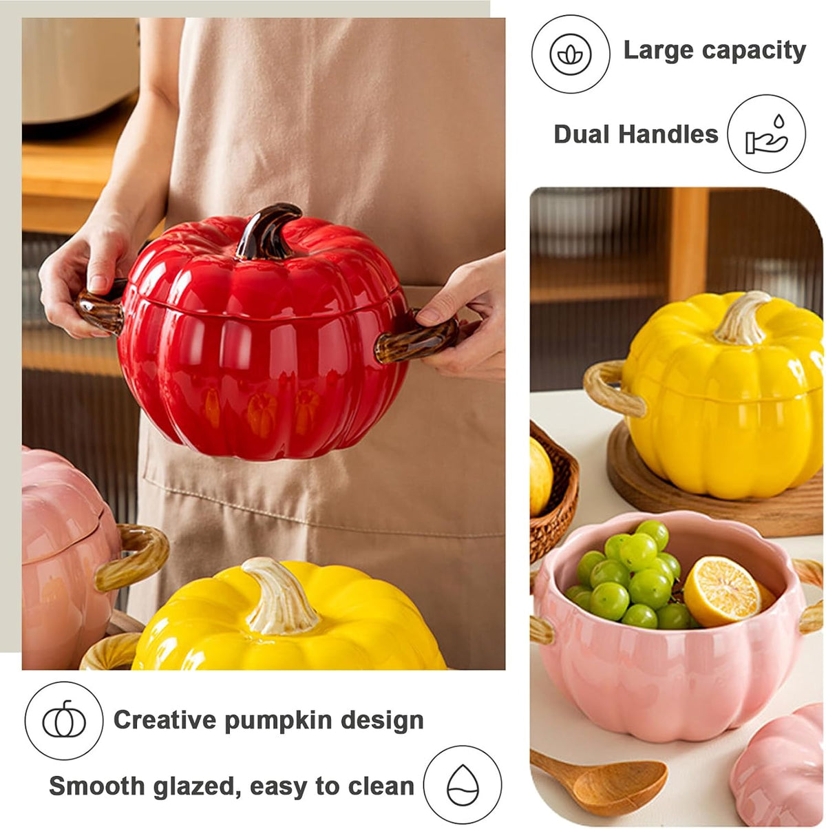 Pumpkin Soup Bowl, 64oz Ceramic Pumpkin Pot with Lid (Pink)