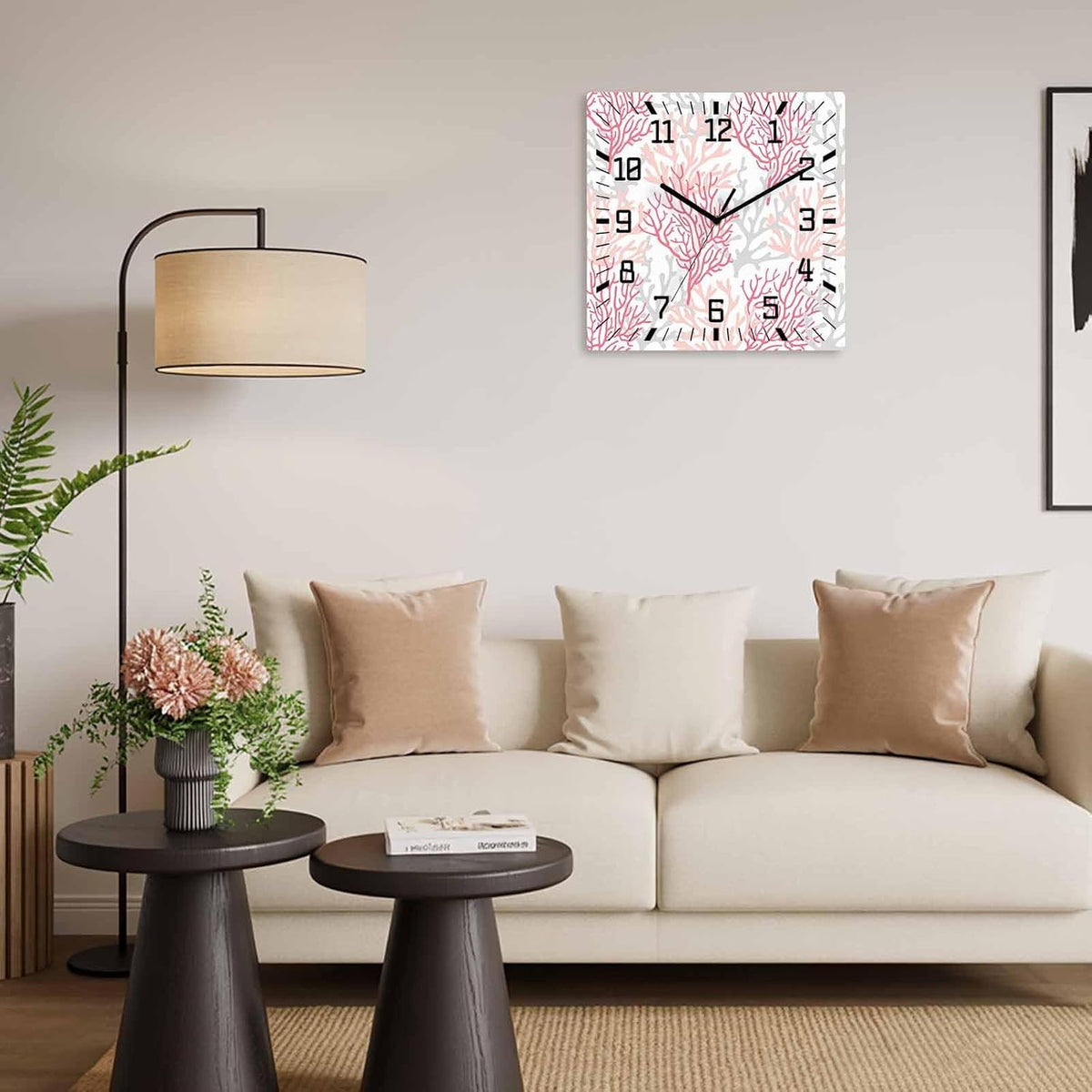 Wall Clock 12in Coral Ocean Silent Non Ticking Square Wall Clock Red Pink Grey Decorative Clock for Living Room Bedroom Office Kitchen Decor
