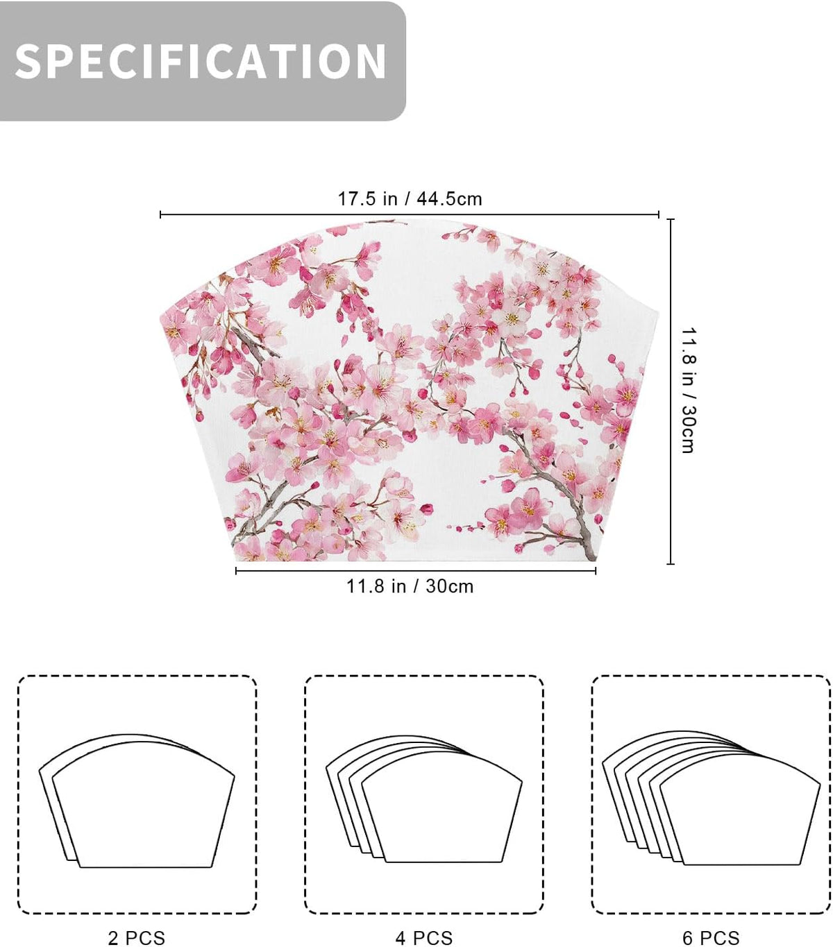 Round Table Placemats Set of 4, Spring Pink Blossom Peach Wedge Table Mat Washable Placemat, Watercolor Flower Tree Branch Fan Shape Place Mats for Kitchen Indoor Outdoor