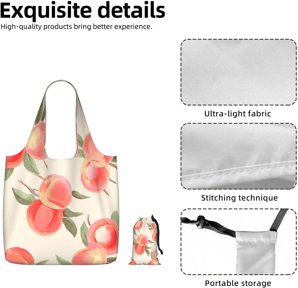 Reusable Shopping Bags Lightweight Foldable Grocery Bags In Pocket,Washable Large Tote Bags Pink Peach Pattern Travel Shoulder Bag Gifts For Women Men