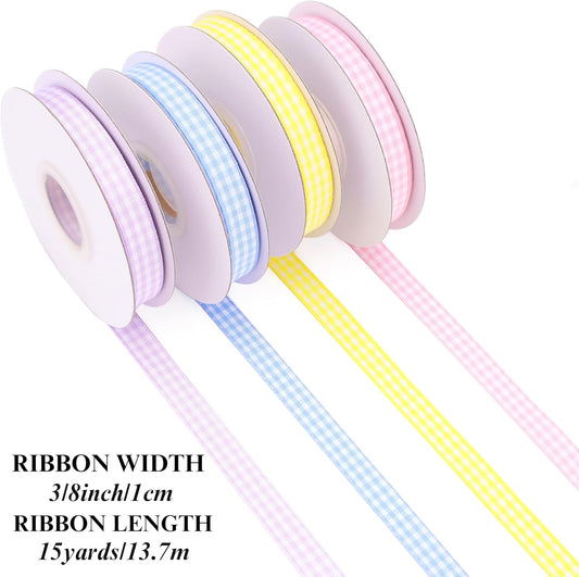 IDONGCAI Gingham Ribbon 60 Yards 4 Rolls Plaid Ribbon 3/8 Inch Checkerd Ribbon for Gift Wrapping Baby Shower(Light Purple Yellow Blue Pink)